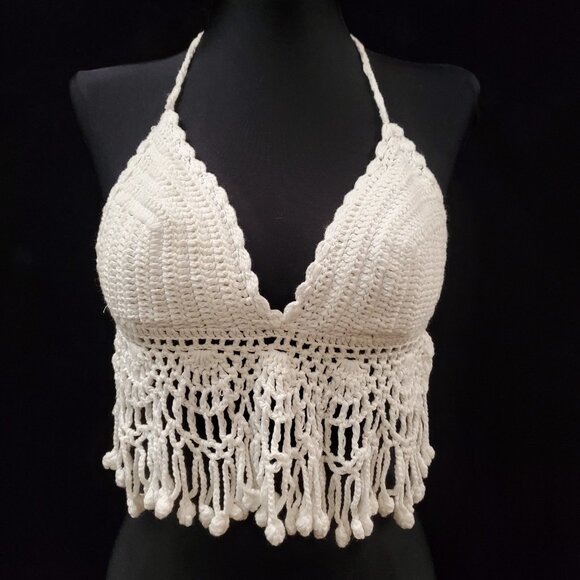 Womens Coachella Festival Fringe Crochet Halter Top Size XXS White Cropped Beach - Picture 1 of 11